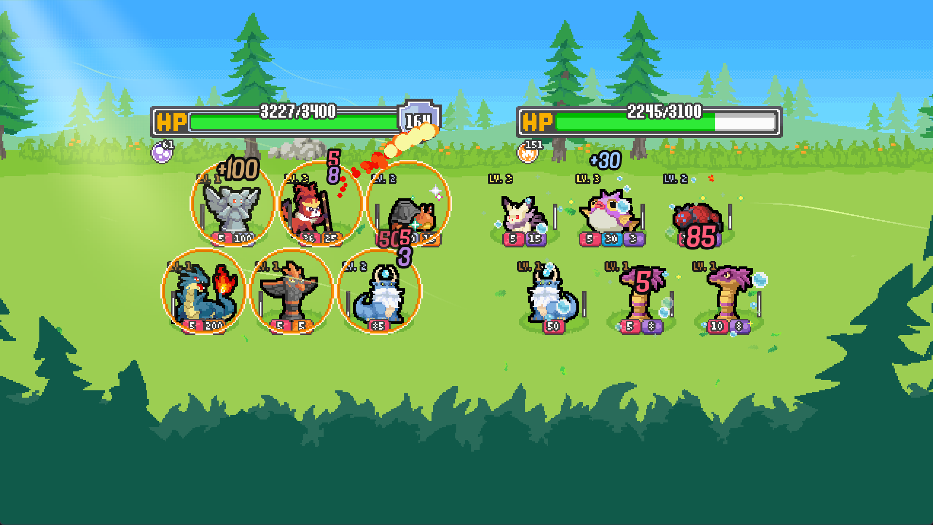 Developer screenshot of an automatic Batomon battle with two teams